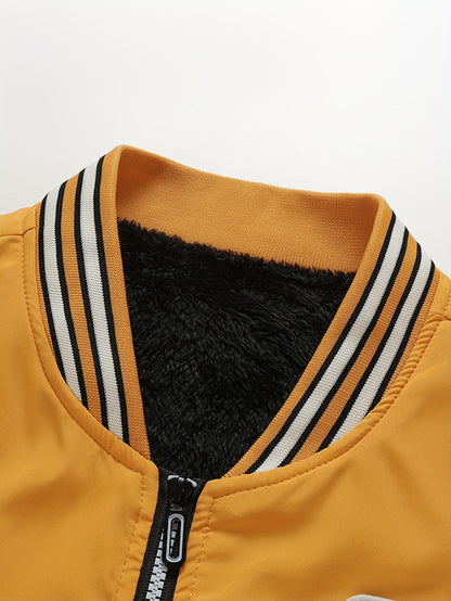 Men's Thermal Insulated Full-Zip Baseball Jacket with Full-Zip Closure - Heavyweight Winter Coat, Brown/White colorblock, Lining - Streetwear Outerwear for Casual & Formal Events - Compatible with Hoodies & Jackets (Men's Fas