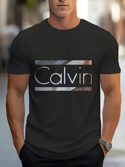 Men'S "Calvin" Graphic T-Shirt - Casual 3D Print Letter Tee with Geometric Design, Short Sleeve, Round Neck, Light Blue, Perfect for Summer, Everyday  Sportswear, Casual Wear Tee   Modern Casualwear   Comfortable Fit