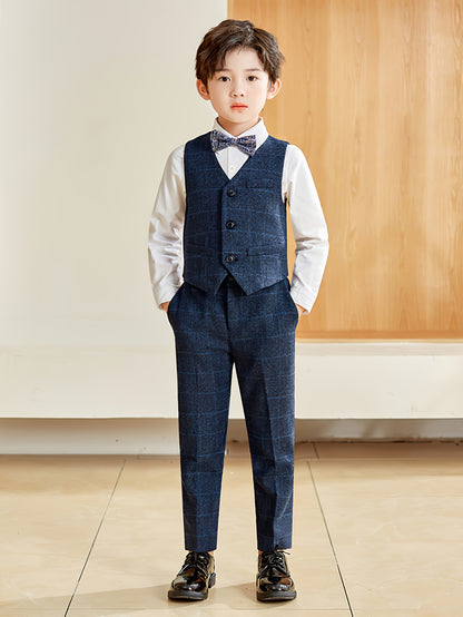 Boys' Preppy Plaid Suit Set with Vest, Pants & Bow Tie