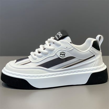Men's Low-Top Sneakers - All-Season Cushioned Shoes with Shock-Absorbing PVC Sole  Breathable Fabric Lining, White PU Upper - Lightweight Sneakers for Gym, Casual, Casual Attire - Lace-Up Design for Secure Fit, Gym Footwear,