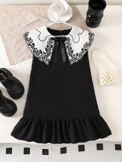 Girls Embroidered Peter Pan Collar Sleeveless Dress