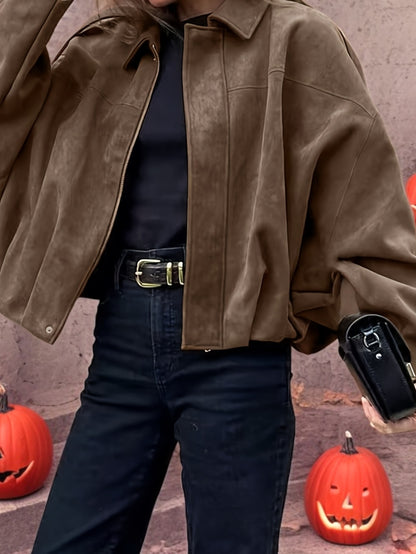 Women'S Vintage Bomber Jacket - Loose Fit Long Sleeve Zip-Up with Drop Shoulder Design, Brown Casual Outerwear for Fall/Winter, Non-Stretch Fabric, Perfect for Casual Attire, Autumn Winter Jacket | Vintage Bomber Style | Zipp