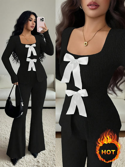 Elegant Women's Slim Fit Bow-Tie Top & Flared Pants Set - ayq