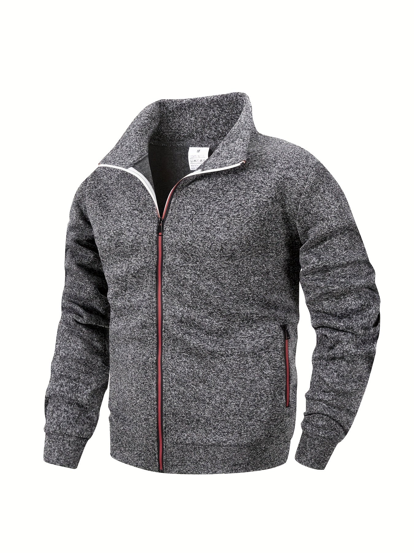 Men'S Stand Collar Zipper Jacket, Fashion Solid Color, Long Sleeve, Fleece, Soft, Casual, Polyester, with Zipper Pocket, for Daily, Sports, Fitness