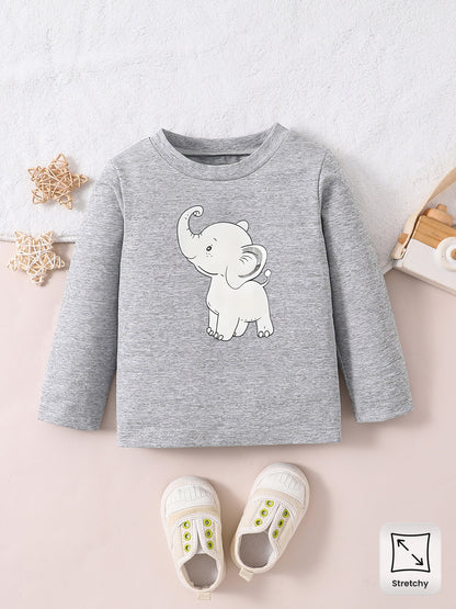 Boys' Casual Long-Sleeve Elephant Print Cotton T-Shirt for Fall
