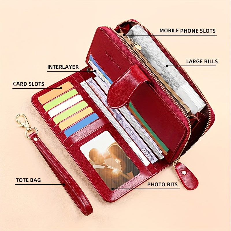 Two-Layer Cowhide Leather Clutch Wallet for Men & Women, Casual Large Capacity RFID Blocking Zippered Hand Purse with Transparent ID Slot and Anti-Theft Brush, Versatile for Going Out