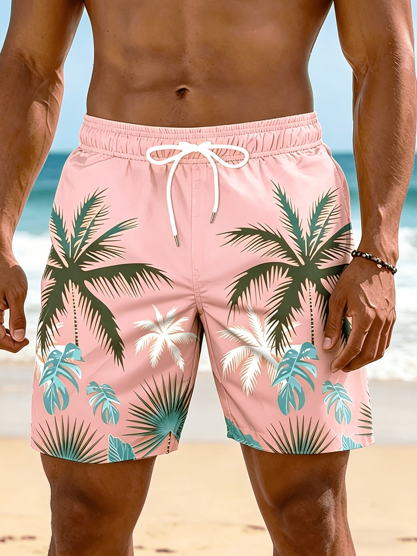 Plus Size Men's Palm Tree Print Beach Shorts, Breathable Polyester