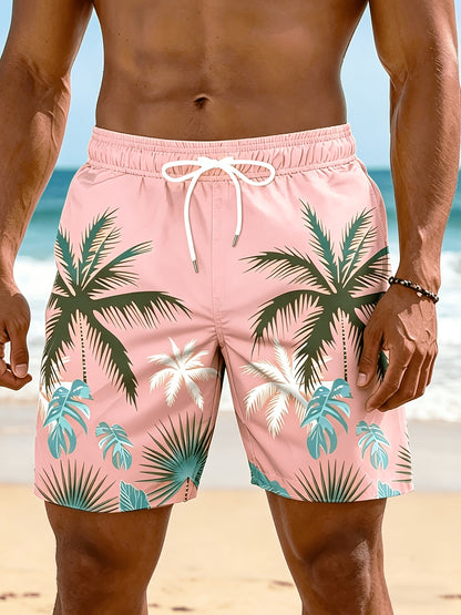 Plus Size Men's Palm Tree Print Beach Shorts, Breathable Polyester
