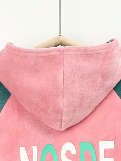 Girls' Thickened Fleece-Lined Hooded Zip-Up Jacket & Jogger Pants Set - Cozy Two-Piece Outfit with "NUS" Letter Print, Long Sleeves, and Drawstring Waist, for Outdoor, And Casual Wear, Winter Clothing, Playful Design, Soft Fa