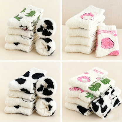 5 Pairs Milk Dot Fluffy Socks for s & - Thickened Warm Winter Socks with Cozy Furry Lining, Cute Cow/Chicken/Sheep/Beaver/Bear Patterns, Family Pack /Outdoor Use, Machine Washable Cold-Proof Footwear