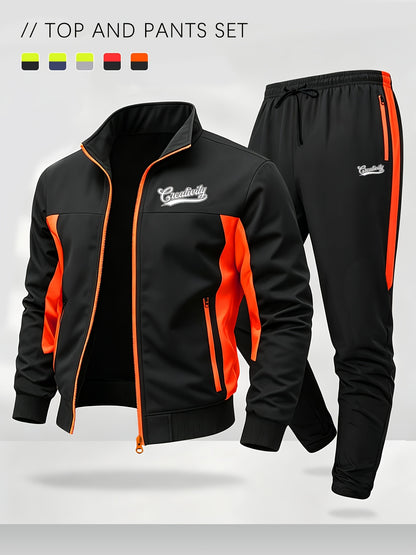 Men's Color Block Sportswear Set with Stand Collar Jacket & Pants