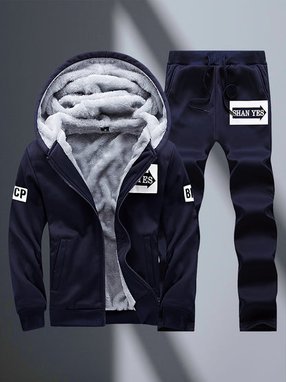 2pcs Men's -Lined Sportswear Set, Thickened Men's Casual Sportswear Set, Men's Sportswear Top and Bottom Set, Hooded Sweatshirt and Casual Sport Pants, -Lined and Thickened, Warm and Cold-Resistant, Suitable for Autumn and Wi