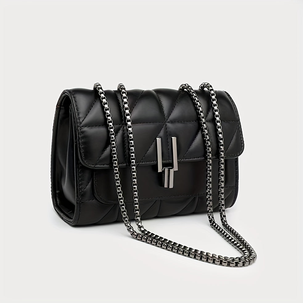A Women'S Black Plaid Crossbody Bag with a Stylish Chain Shoulder Strap, Featuring a Flap Closure And PVC Lining, Designed for Ladies - Urban Style, Not Washable