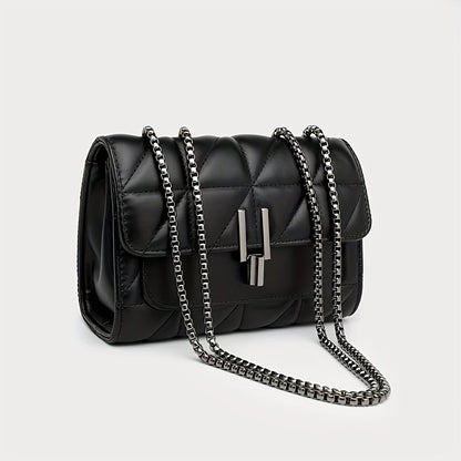 A Women'S Black Plaid Crossbody Bag with a Stylish Chain Shoulder Strap, Featuring a Flap Closure And PVC Lining, Designed for Ladies - Urban Style, Not Washable