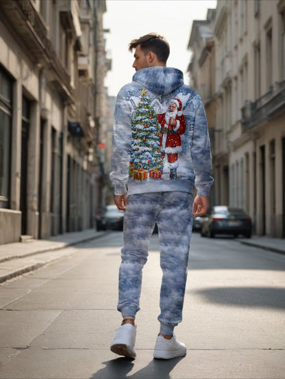 Men'S Trendy Fitness Outdoor Home Hoodie 2pcs Set, Snowy Santa Claus 3D Print, Regular Fit, Stretchy Fabric, Versatile Style, Spring/Autumn/Winter Men'S Hoodie, Knit, Outdoor Hoodie, Casual Wear, Trendy Hoodie, Durable Fabric