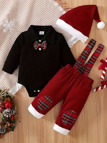 Boys' Turtleneck Long Sleeve Hoodie + Waffle Knit Spliced Suspender Pants + Hat 3pcs Set, Perfect for Outdoor