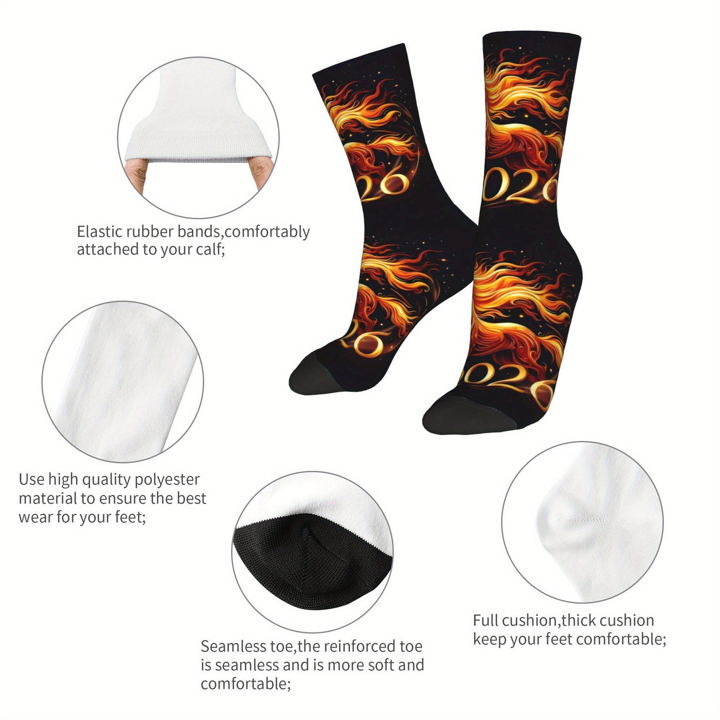 1pc Designed Socks sporty styles 2026 Year of the Horse Creative mid-calf socks geometric designs 3D digital print socks, cute socks for teens and adults ideal for daily wear, perfect for gift giving!