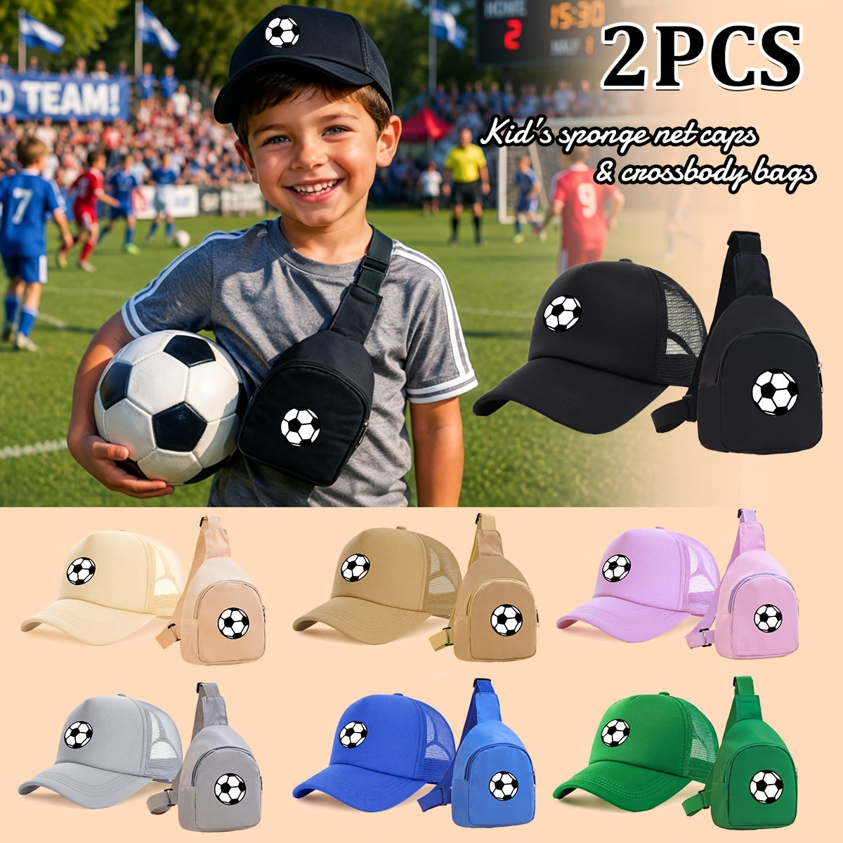 Kids Breathable Soccer Print Baseball Cap & Crossbody Bag Set