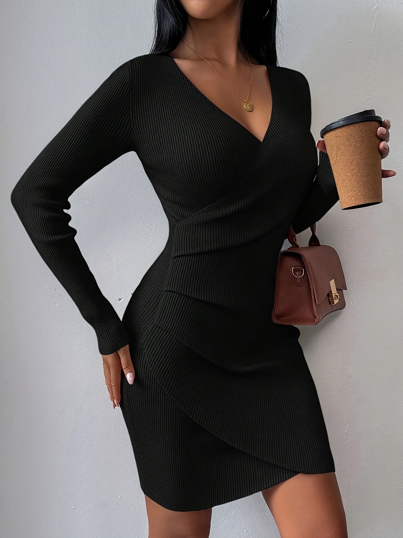 New Autumn and Winter Slim Fit V-Neck Dress Stretchy and Flattering Wrap Design, Elegant Solid Color Mini Dress for Work and Dates
