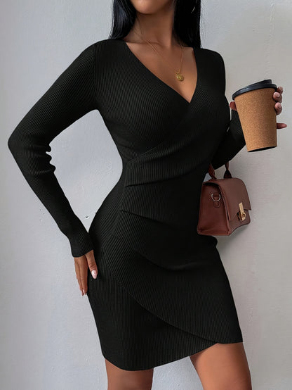 New Autumn and Winter Slim Fit V-Neck Dress Stretchy and Flattering Wrap Design, Elegant Solid Color Mini Dress for Work and Dates