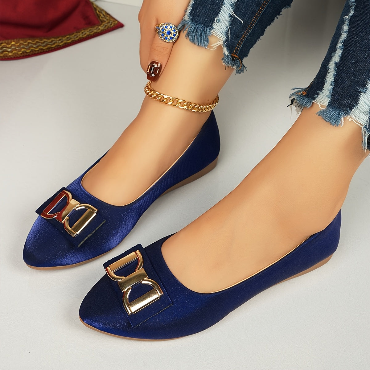 Women's Elegant Red Slip-On Flats with Golden Double Buckle Design - Comfortable Faux Cover Shoes for All Seasons, Pointed Toe Rubber Sole, Perfect for Casual or Dressy Occasions, Dressy Flats   Buckle Embellished Shoes   Lux