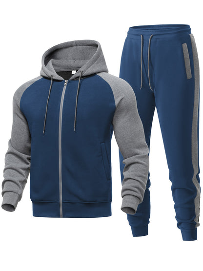 Men's Casual Sports Hoodie Two-Piece Set Four Seasons Color-Matching Zipper Drawstring Waist Jogging Suit