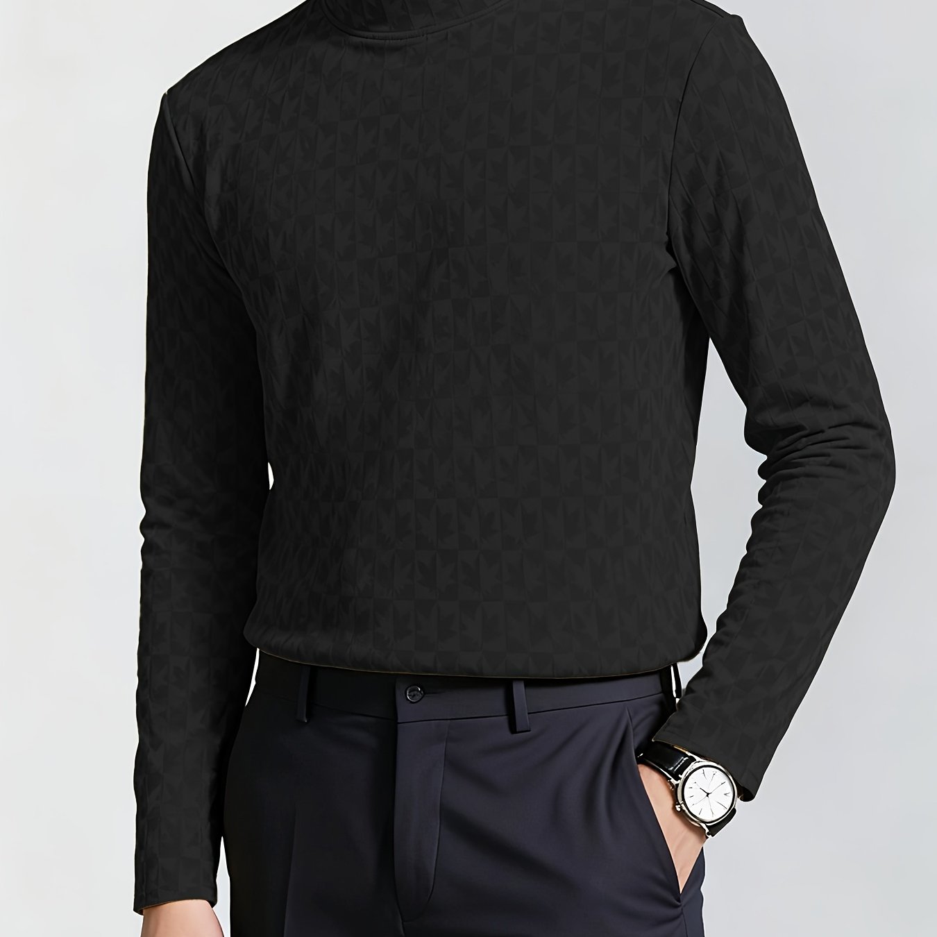 Men'S Long-Sleeve T-Shirt with a Half-High Collar, Casual Jacquard Base Layer for Outerwear, Stylish And High-Quality Top for Autumn And Winter
