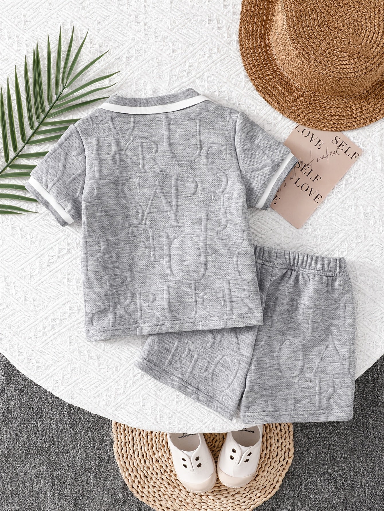 Baby Boy Khaki Lapel Shirt & Green Elastic Waist Shorts Set