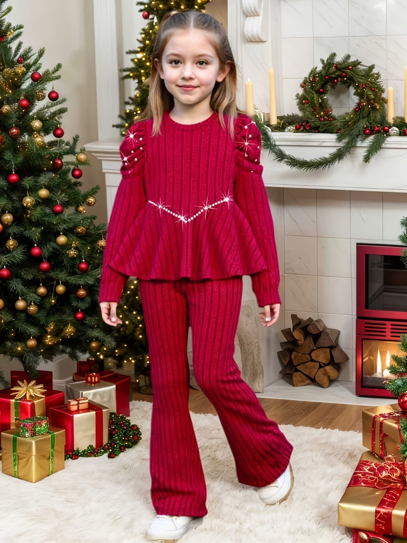 Young Girl Fashion Casual Solid Color Striped Beaded Pleated Shoulder Long Sleeve Round Neck V-Neck Mid-Rise Pullover with Matching Elastic Waist Flared Pants for, for Outdoor