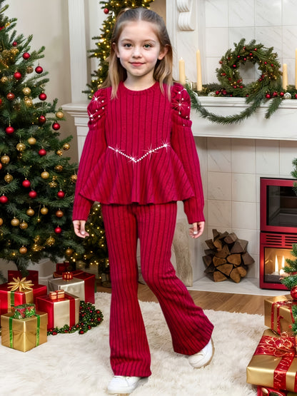 Young Girl Fashion Casual Solid Color Striped Beaded Pleated Shoulder Long Sleeve Round Neck V-Neck Mid-Rise Pullover with Matching Elastic Waist Flared Pants for, for Outdoor