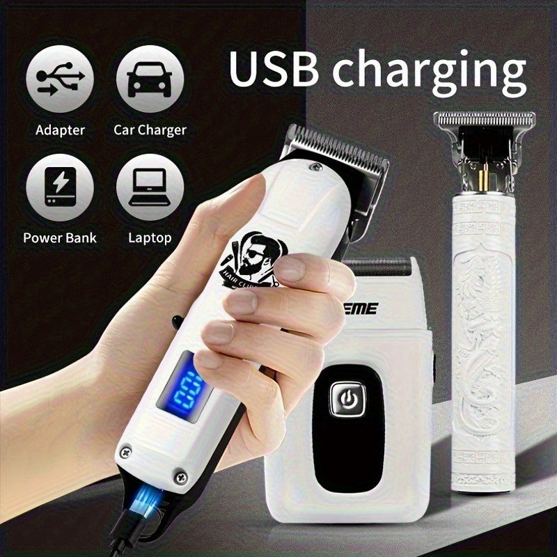 WEEME 3pcs/1Set Men'S Hair Clipper, USB Rechargeable Electric Hair Clipper & Shaver Set with Digital Display, Cordless Hair Trimmer for Home & Salon Use, Perfect Grooming Gift for Men with Smooth Blade, USB Charging, Lithium - ayq