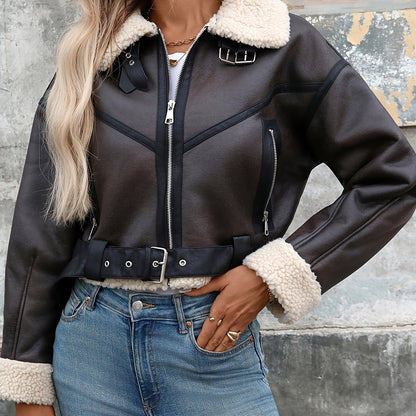 Women's Autumn/Winter Street Retro Belted Zipper Thick Short Faux Lambskin Coat