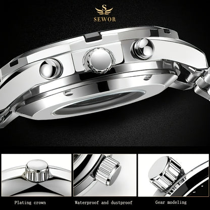 Fashion Statement, Men's Luxury Automatic Mechanical Watch - Elegant Stainless Steel Band, Multi-Function with Sun, Moon, and Stars Display, Transparent Back for Sophisticated Style
