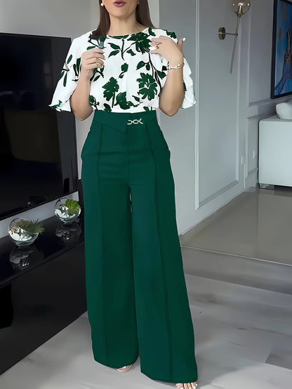 ZD0410952 Women's Printed Spring/Summer Elegant Commuter Casual Shirt 2pcs Set