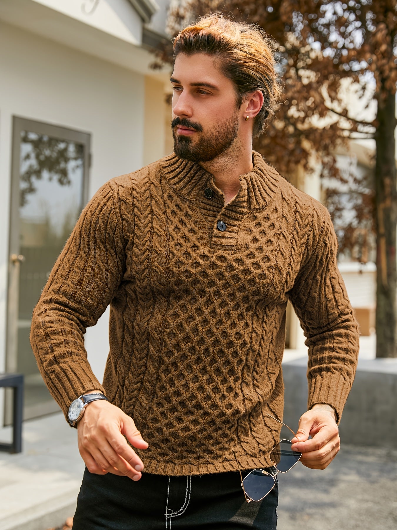 Men's Thermal Stand Collar Cable Knit Sweater - Striped H-Shape Regular Fit Pullover, Machine Washable Winter Sweater with Ribbed Detailing for Autumn & Winter, Knit Sweater, Medium Elasticity Fabric