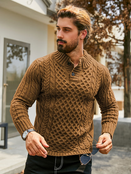 Men's Thermal Stand Collar Cable Knit Sweater - Striped H-Shape Regular Fit Pullover, Machine Washable Winter Sweater with Ribbed Detailing for Autumn & Winter, Knit Sweater, Medium Elasticity Fabric