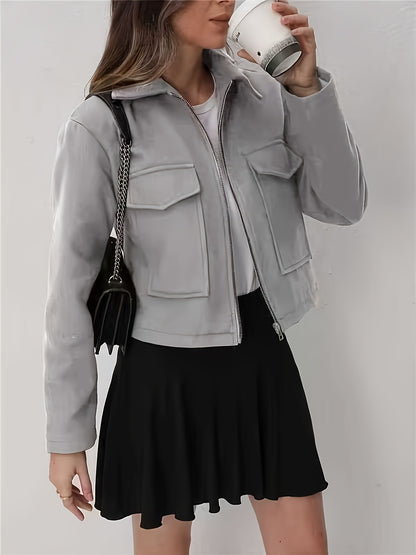 Women'S Olive Green Bomber Jacket with Zipper Front, Long Sleeves, and Pockets - Casual Style, All-Season Wear, Polyester Blend, Machine Washable, Casual Outerwear | Zippered Jacket | Polyester Blend Jacket, High Neck Hoodie/