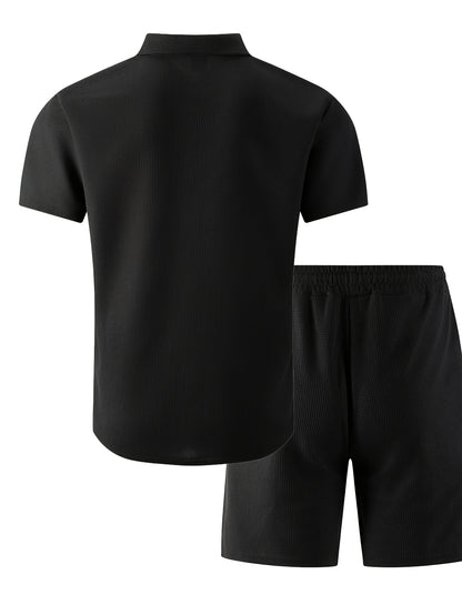 Men's 3-Piece Casual Waffle Knit Summer Set with Shirt & Shorts