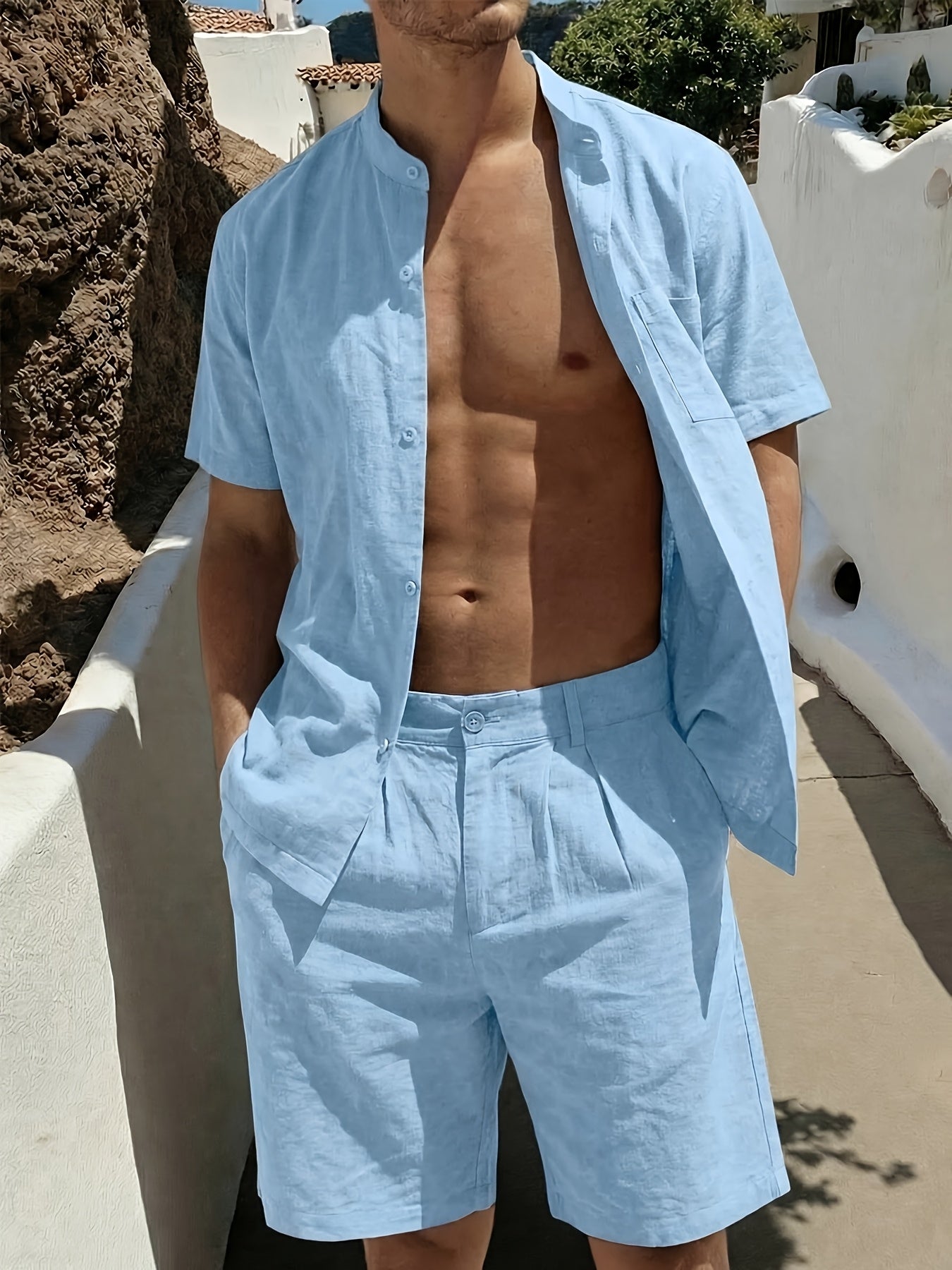 Men's Linen Short-Sleeve Shirt and Shorts Set for Summer Casual
