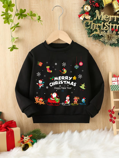 Boys' Fashionable Long-Sleeve Crew Neck Sweatshirt with Christmas Pattern and Letter Print, Casual Street Style for Spring, Autumn, Winter - Polyester