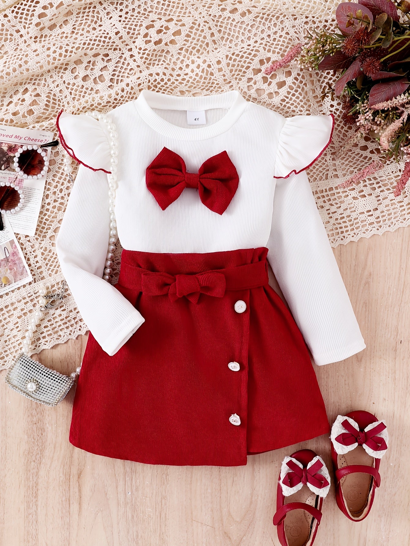 3pcs Girls' Set with 3D Bow Long Sleeve Top, Red Skirt, and Belt for Autumn