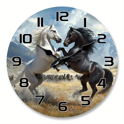 A Wooden Wall Clock with a Fantasy Theme Featuring a Design of Two Horses Facing Each Other, a Silent Clock Suitable for Decorating Living Rooms, Bedrooms, Kitchens, And Offices, Making It an Exciting Gift for Birthdays And H