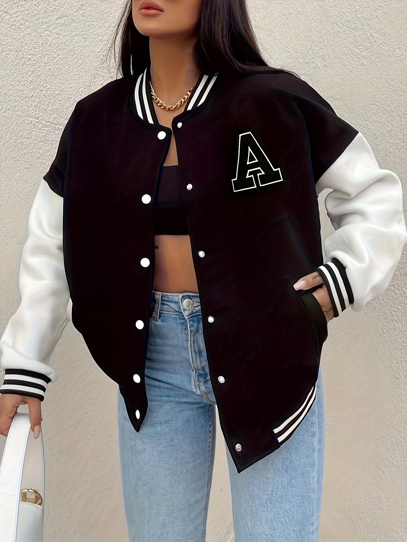 Women'S Casual Long Sleeve Baseball Jacket with "A" Letter Detail - Black & Beige Two-Tone Design, Button-Up Front, Flap Pockets, Fall/Winter Fashion Outerwear, Autumn Winter Apparel | Buttonup Jacket | Functional Pockets