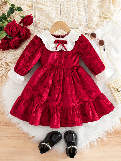 Girls' Elegant Dress with Bow Detail - Cozy Loose Fit Long Sleeve Party Dress for Christmas, New Year'S & Winter Events, Perfect Gift for Youngsters, Christmas Dresses for Girls, Festive Youngsters'S Attire, Soft Texture Appa