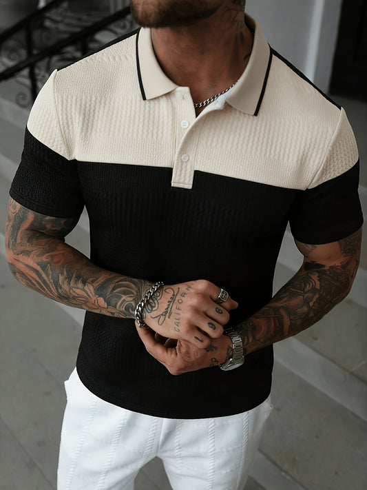 Men's Summer Casual Polo Shirt with Color Block and Stripes