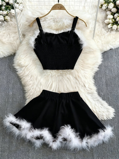 2025 New Christmas Party Event Gathering Date Plush Trim Sweet Sexy Women's Skirt Set