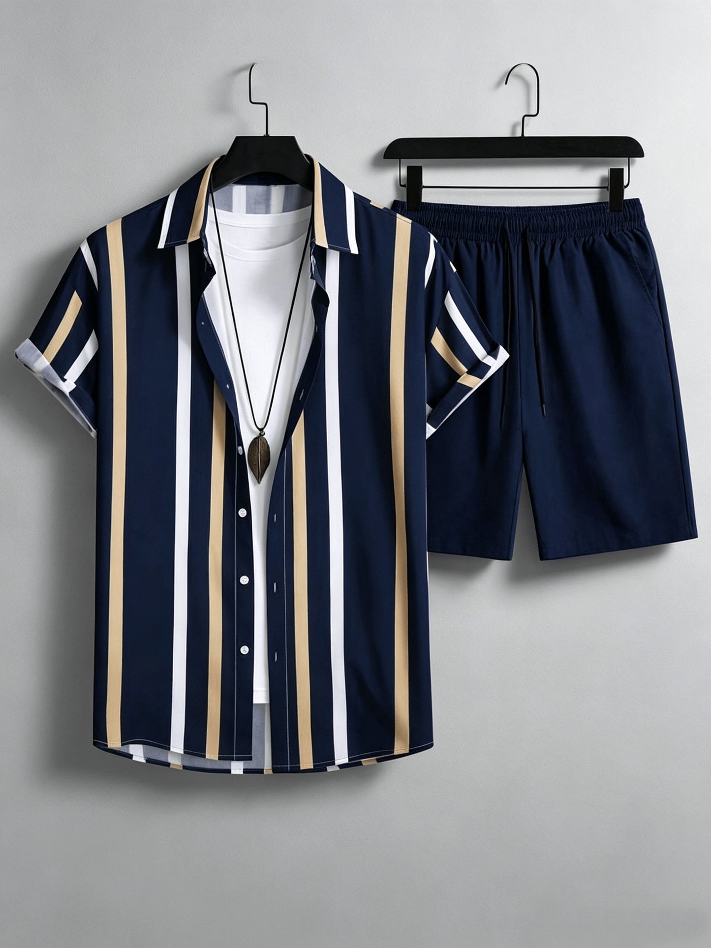 Men's Summer Casual Set: Striped Short-Sleeve Shirt & Beach Shorts