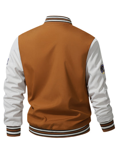 Men's Thermal Insulated Full-Zip Baseball Jacket with Full-Zip Closure - Heavyweight Winter Coat, Brown/White colorblock, Lining - Streetwear Outerwear for Casual & Formal Events - Compatible with Hoodies & Jackets (Men's Fas