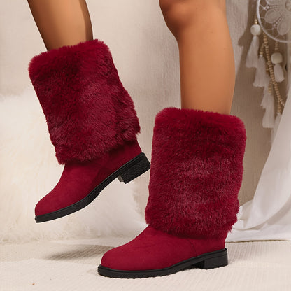 Women's Fashion Solid Color Mid-Calf Fluffy Boots with Slip-On Closure, Plain Toe Platform Heel, Comfy & Warm Fabric-Lined Winter Footwear - TPR Sole, Mid Heel, European Special from Huizhou