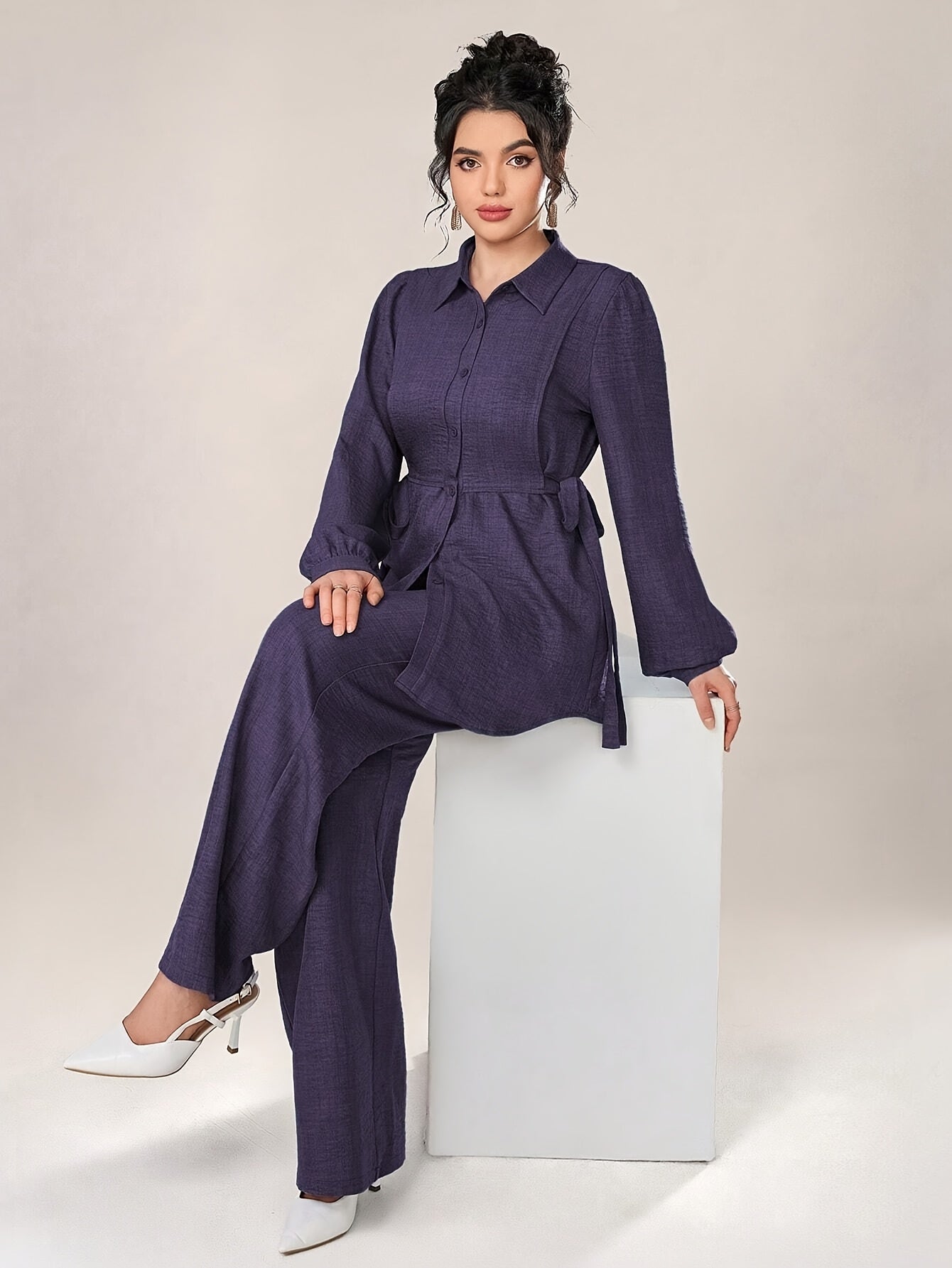 Two-Piece Abaya Set with Wide-Leg Pants, Long Sleeve Design with Back Tie, Suitable for Office and Daily Wear, Soft and Stretchable Fabric, Elegant Middle Eastern Style, Comfortable, Machine Washable, Practical and Stylish